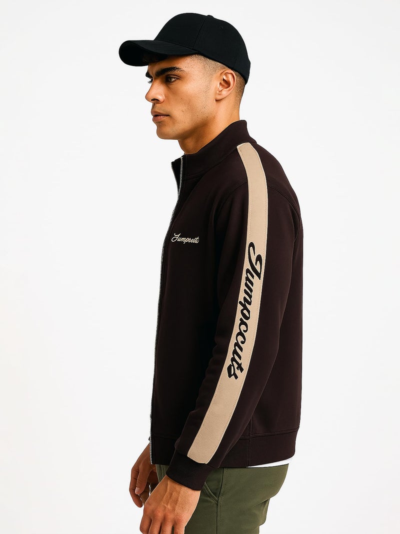 Jump Cuts Mens Printed Sleeve Tape Polo Neck Full Sleeve Brown and Beige Fleece Jacket - Image 2