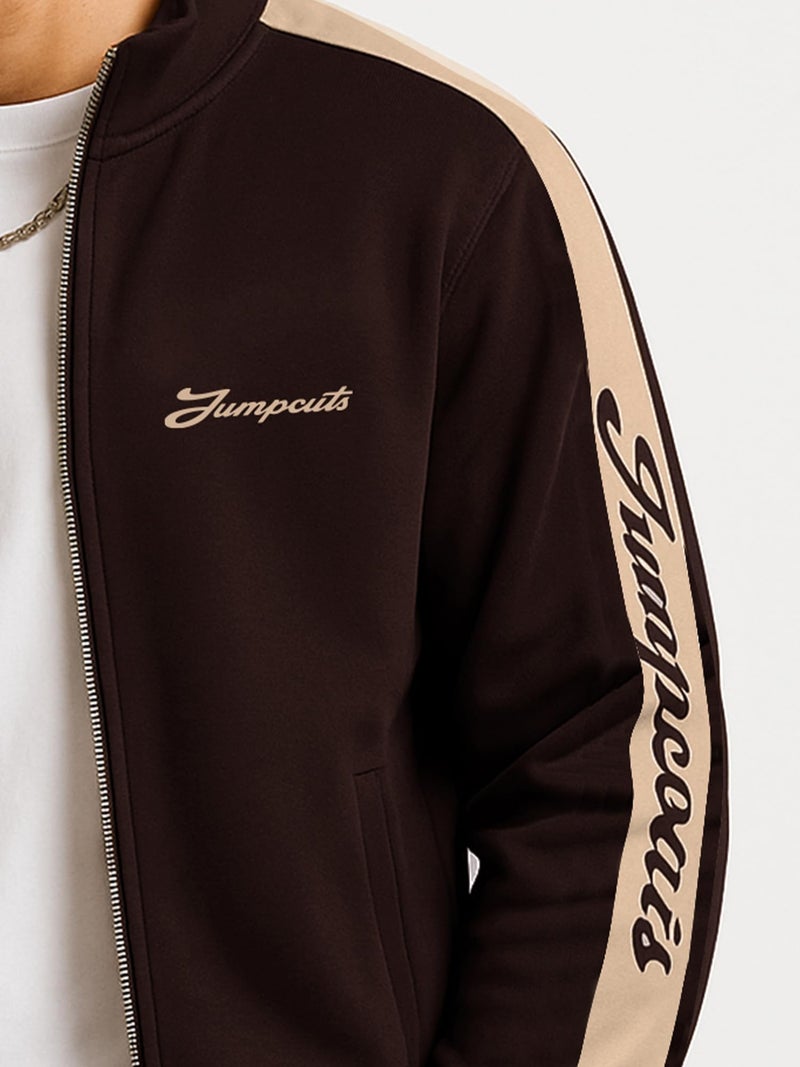 Jump Cuts Mens Printed Sleeve Tape Polo Neck Full Sleeve Brown and Beige Fleece Jacket - Image 4