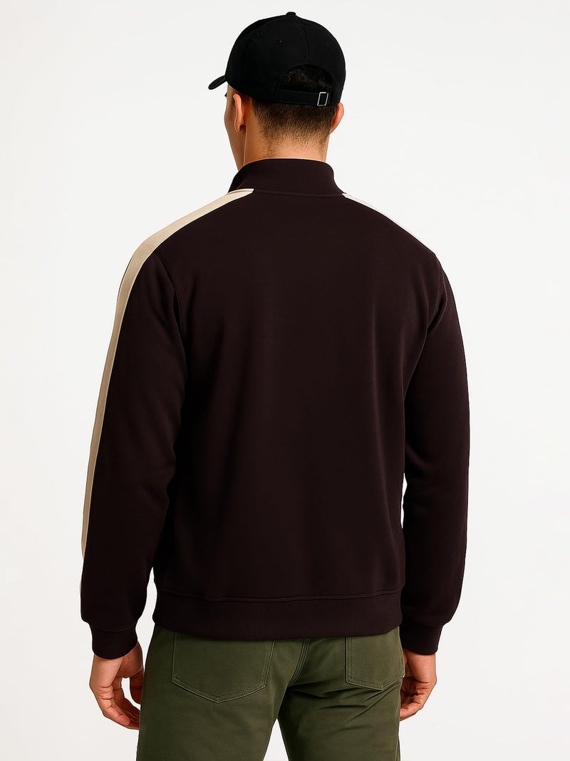 Jump Cuts Mens Printed Sleeve Tape Polo Neck Full Sleeve Brown and Beige Fleece Jacket - Image 3