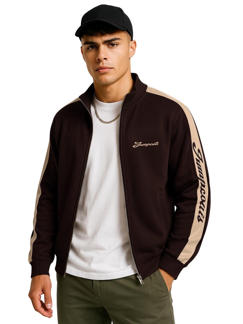 Jump Cuts Mens Printed Sleeve Tape Polo Neck Full Sleeve Brown and Beige Fleece Jacket - Image 1