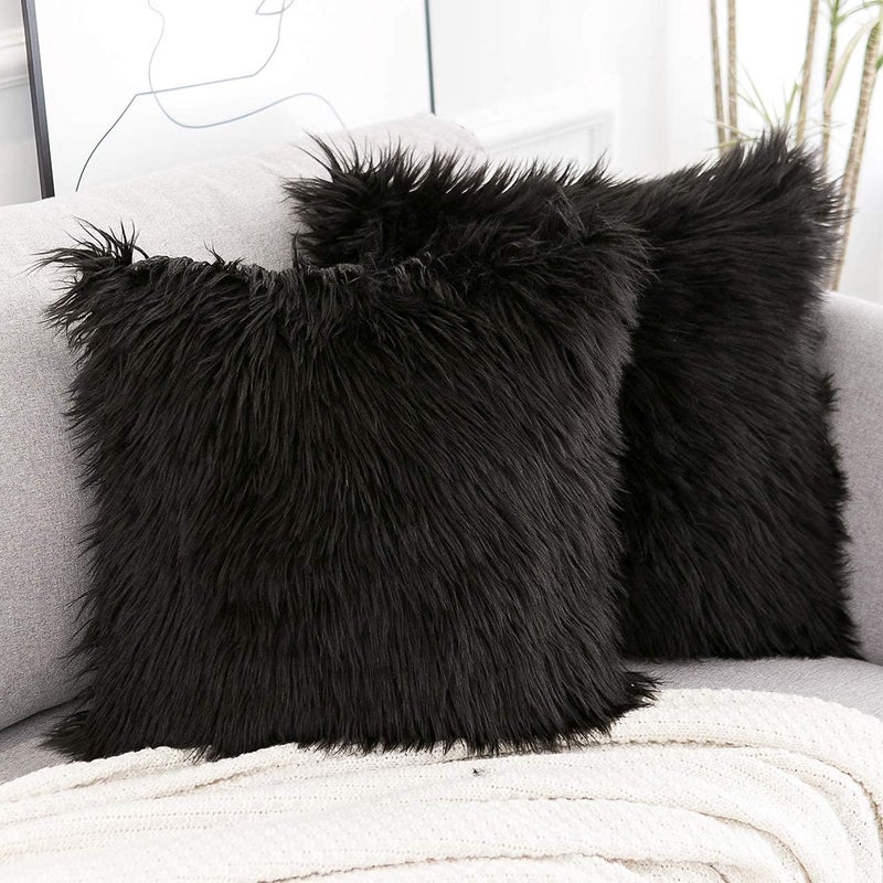 WLNUI Set of 2 Black Decorative Pillow Covers New Luxury Series Merino Style Faux Fur Fluffy Throw Pillow Covers Square Fuzzy Cushion Case 20x20 Inch