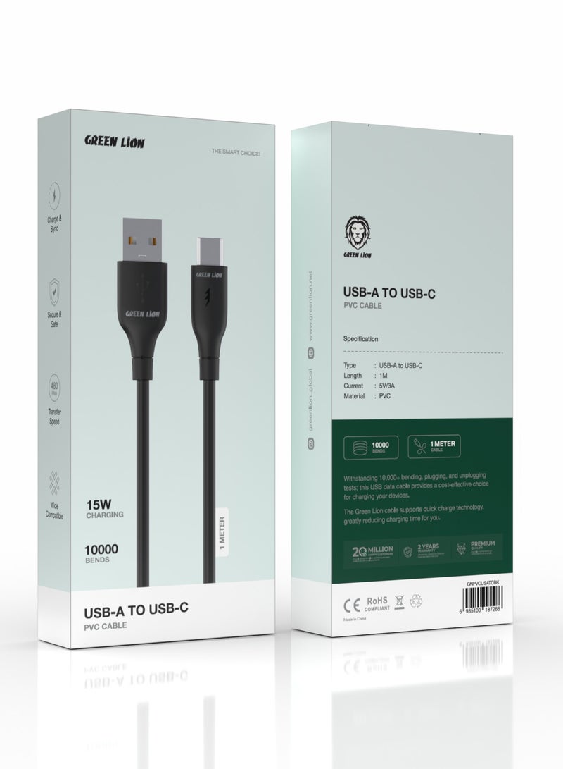 GREEN LION USB-A to USB-C PVC Cable / 1m Cable Length / High Transfer Speed / 15W Power Charging / Secure & Safe / Wide Compatible / Charge & Sync / 10,000 Bends Life Span - Black - Image 2