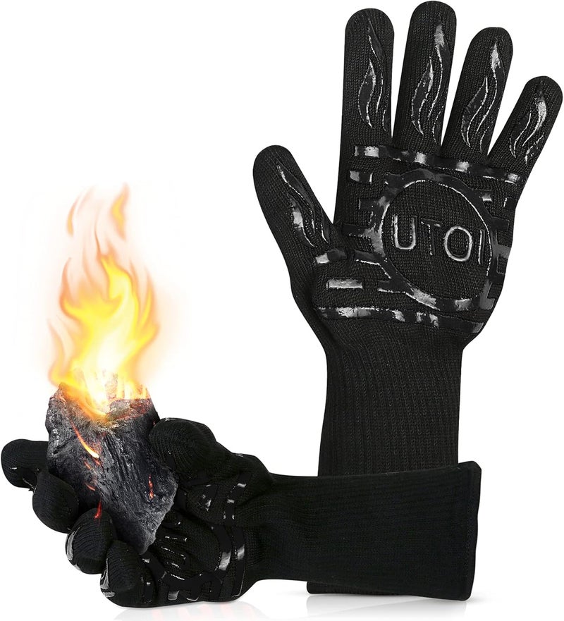 UTOI BBQ Grill Gloves, 1472°F Heat Resistant Barbecue Gloves Oven Mitts, Silicone Non-Slip Cooking Gloves for Kitchen, Grilling and Baking, EN407 Certified, 13 inch Long, Black, XL Size - Image 1
