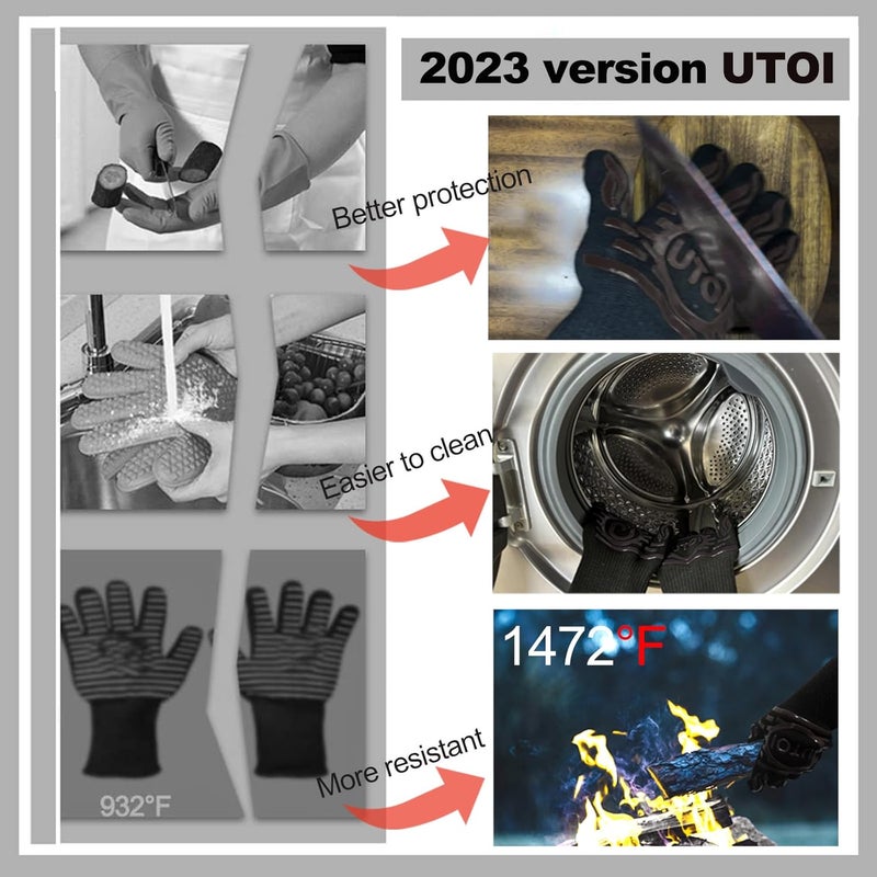 UTOI BBQ Grill Gloves, 1472°F Heat Resistant Barbecue Gloves Oven Mitts, Silicone Non-Slip Cooking Gloves for Kitchen, Grilling and Baking, EN407 Certified, 13 inch Long, Black, XL Size - Image 4