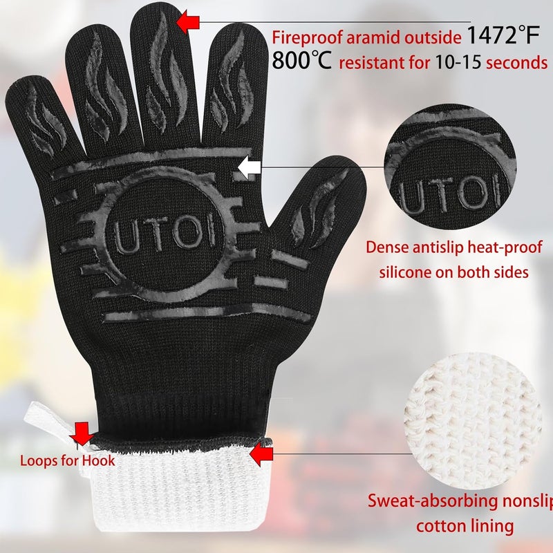 UTOI BBQ Grill Gloves, 1472°F Heat Resistant Barbecue Gloves Oven Mitts, Silicone Non-Slip Cooking Gloves for Kitchen, Grilling and Baking, EN407 Certified, 13 inch Long, Black, XL Size - Image 5