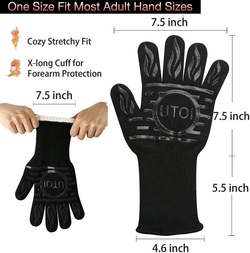 UTOI BBQ Grill Gloves, 1472°F Heat Resistant Barbecue Gloves Oven Mitts, Silicone Non-Slip Cooking Gloves for Kitchen, Grilling and Baking, EN407 Certified, 13 inch Long, Black, XL Size - Image 3