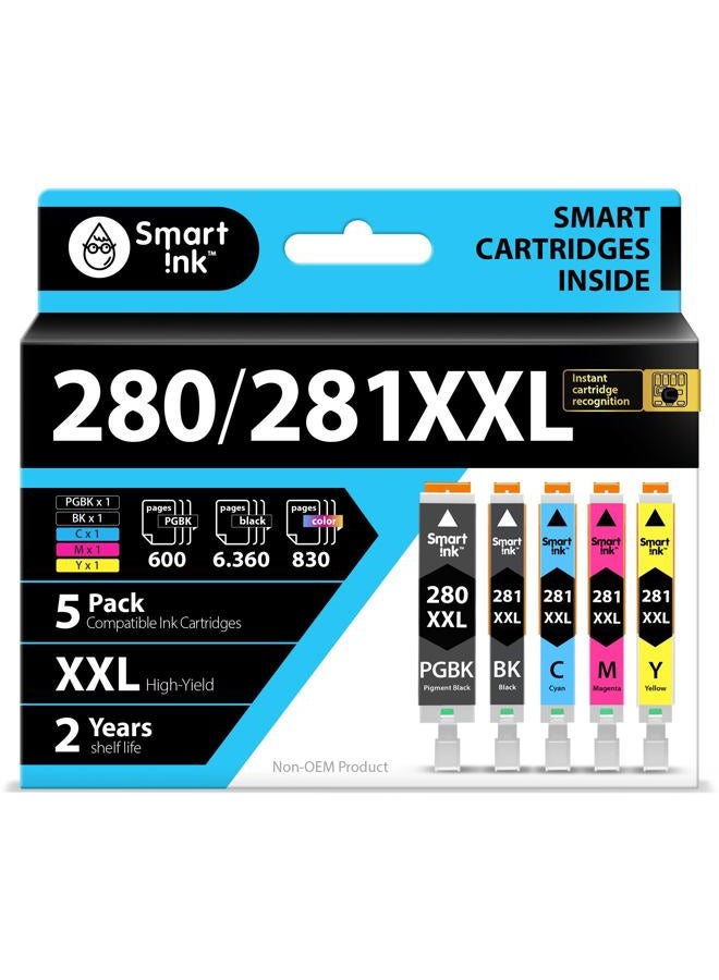 Smart Ink Compatible Ink Cartridge Replacement for Canon PGI-280XXL CLI-281XXL PGI 280 CLI 281 (PGBK & BK/C/M/Y 5 Pack Combo) for Pixma TS6120 TS6220 TS8120 TR7520 TR8520 TS9120 TS8220 TS9520 TS9521C - Image 1