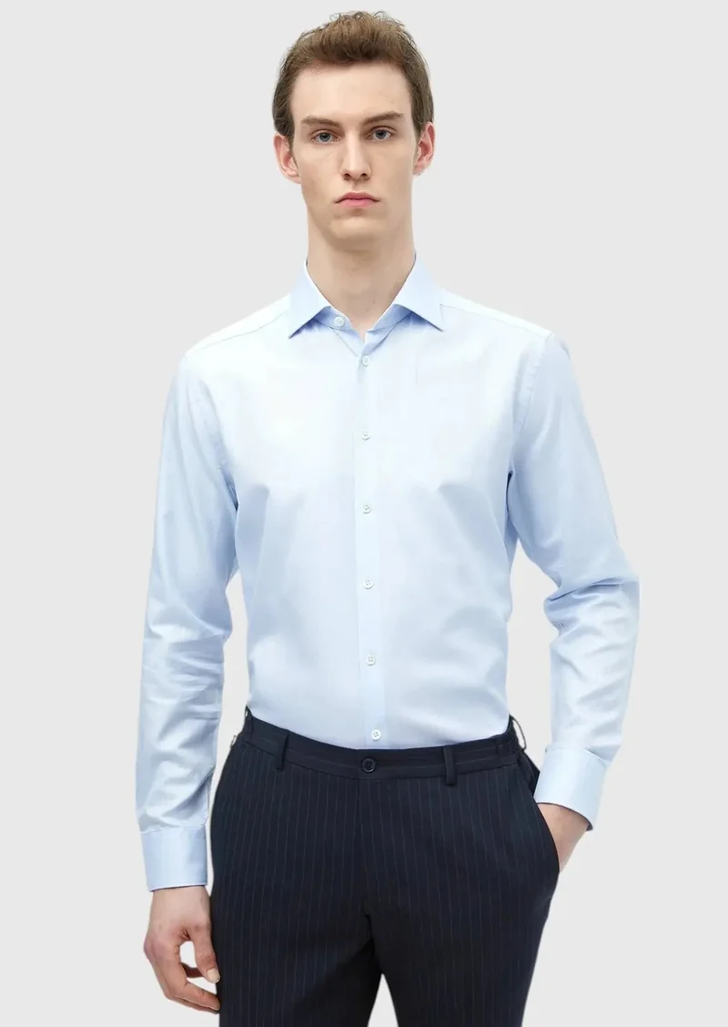 رامسي قميص أزرق سادة بقصة عادية، مصنوع من القطن الكلاسيكي 100%