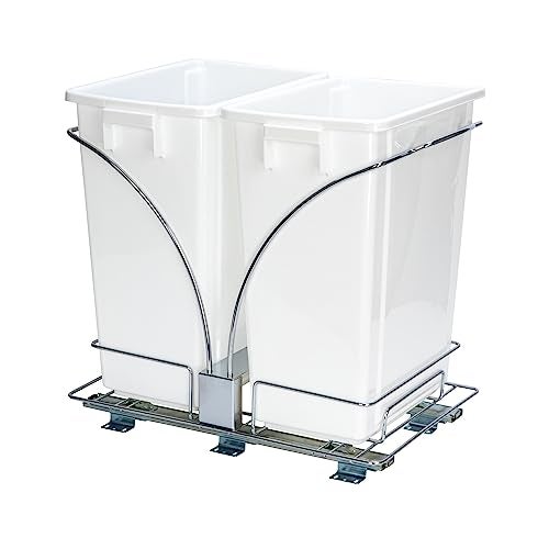 Household Essentials Chrome Steel Sliding Double Waste Bin with White Plastic Inserts - Image 1