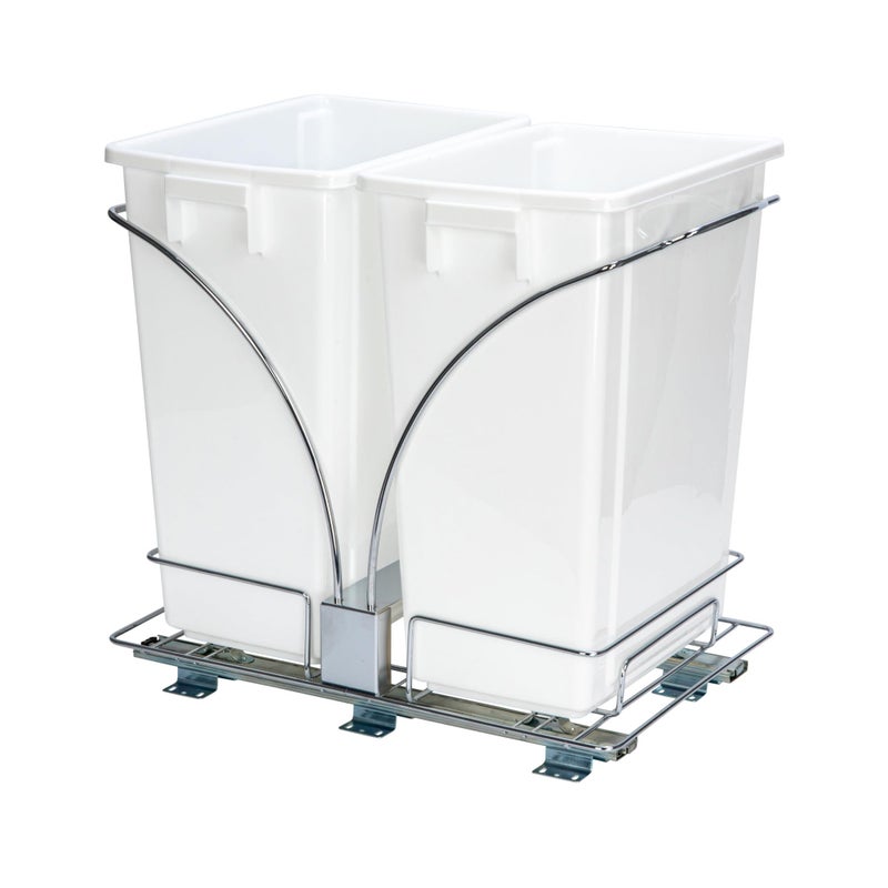 Household Essentials Chrome Steel Sliding Double Waste Bin with White Plastic Inserts - Image 3