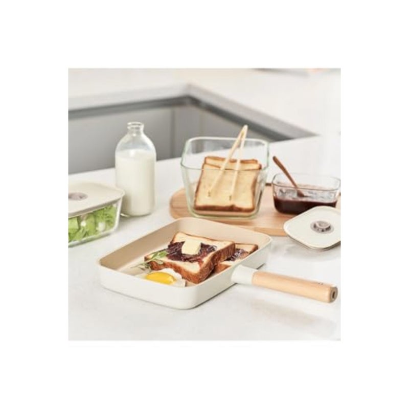 Fika Off Nonstick Rectangular Sand Brunch Pan with Glass Lid and IH Induction Technology, 29 cm Size, White - Image 3