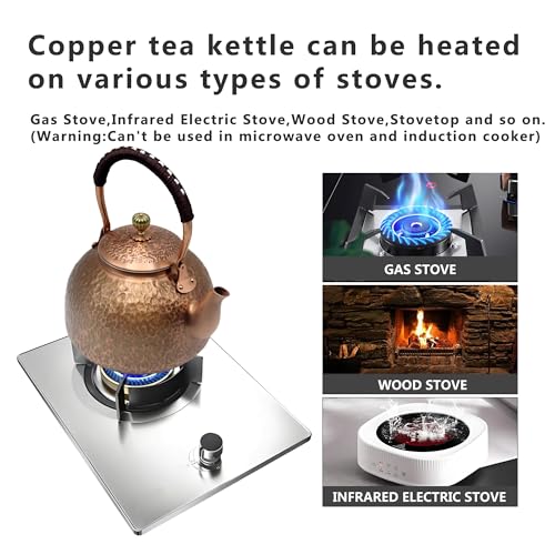 YJX Copper Tea Kettle For Stovetop, Japanese Style Non-Coating Pure Copper Teapot with Stainless Steel Infuser For Loose Tea, Large and Solid Tea Pot For 3-7 Cups (2000ml) - Image 4