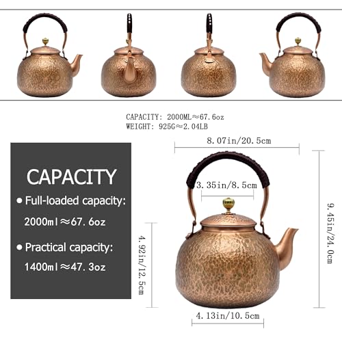 YJX Copper Tea Kettle For Stovetop, Japanese Style Non-Coating Pure Copper Teapot with Stainless Steel Infuser For Loose Tea, Large and Solid Tea Pot For 3-7 Cups (2000ml) - Image 5