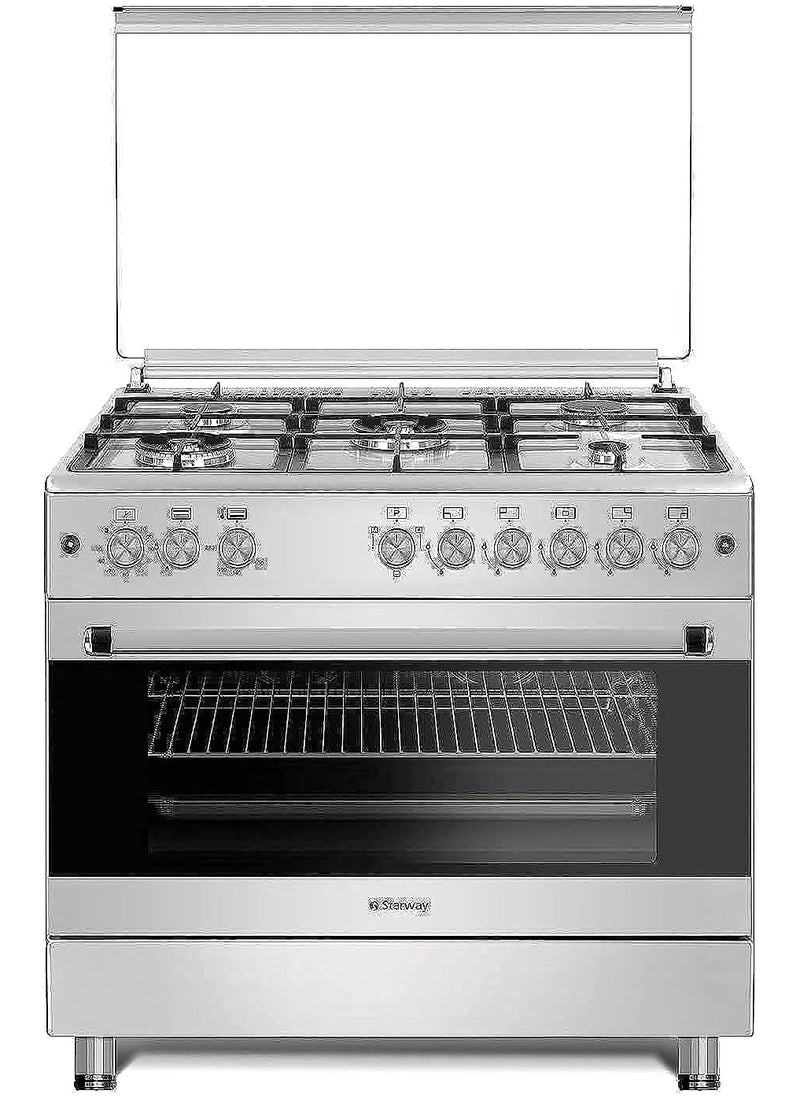 Starway Starway 90x60cm Gas Cooker, 5 Burners, 2 Oven Fans, Cast Iron Pan Support, 3 Glass Layer Oven Door, Auto Burn, Total Safety, Easy to Clean, 2 Oven Tray, Stand, Chicken skewer  - Image 1