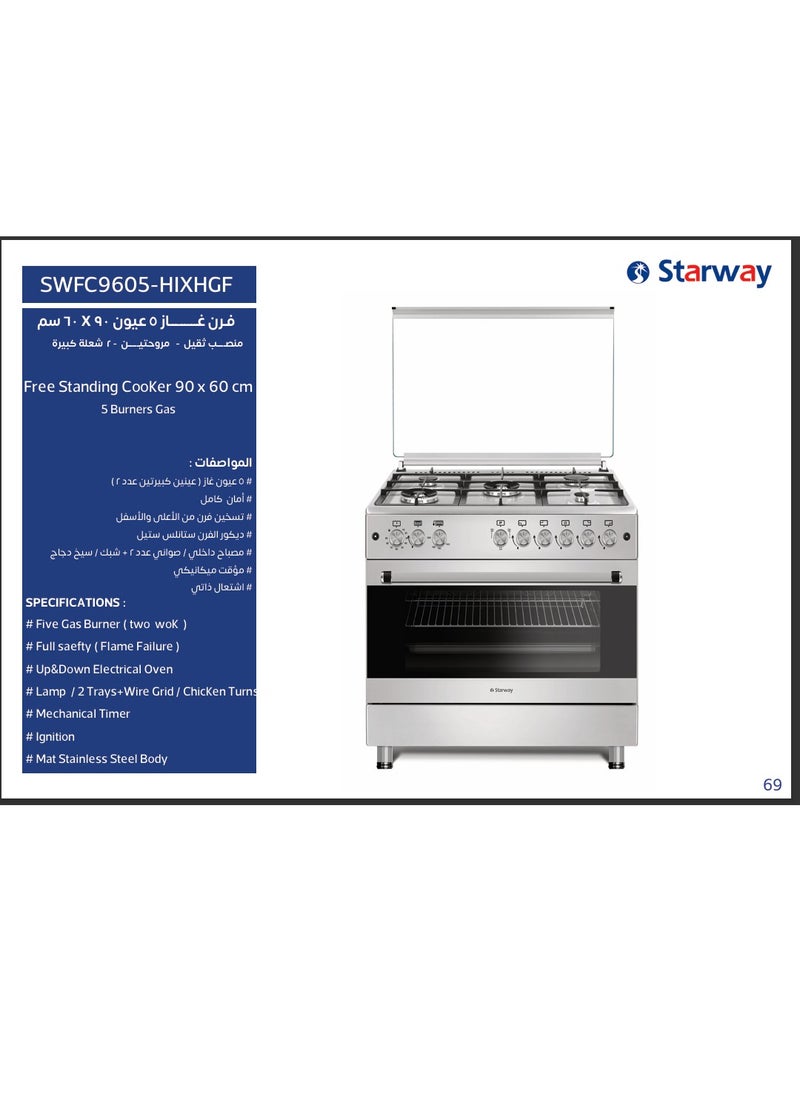 Starway Starway 90x60cm Gas Cooker, 5 Burners, 2 Oven Fans, Cast Iron Pan Support, 3 Glass Layer Oven Door, Auto Burn, Total Safety, Easy to Clean, 2 Oven Tray, Stand, Chicken skewer  - Image 2