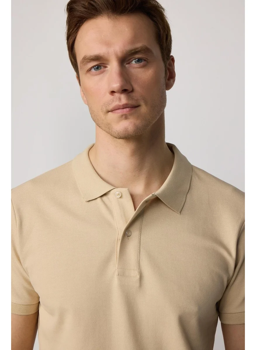 Tudors Men's Slim Fit Narrow Cut Cotton Plain Pique Cream Color Polo Collar T-Shirt