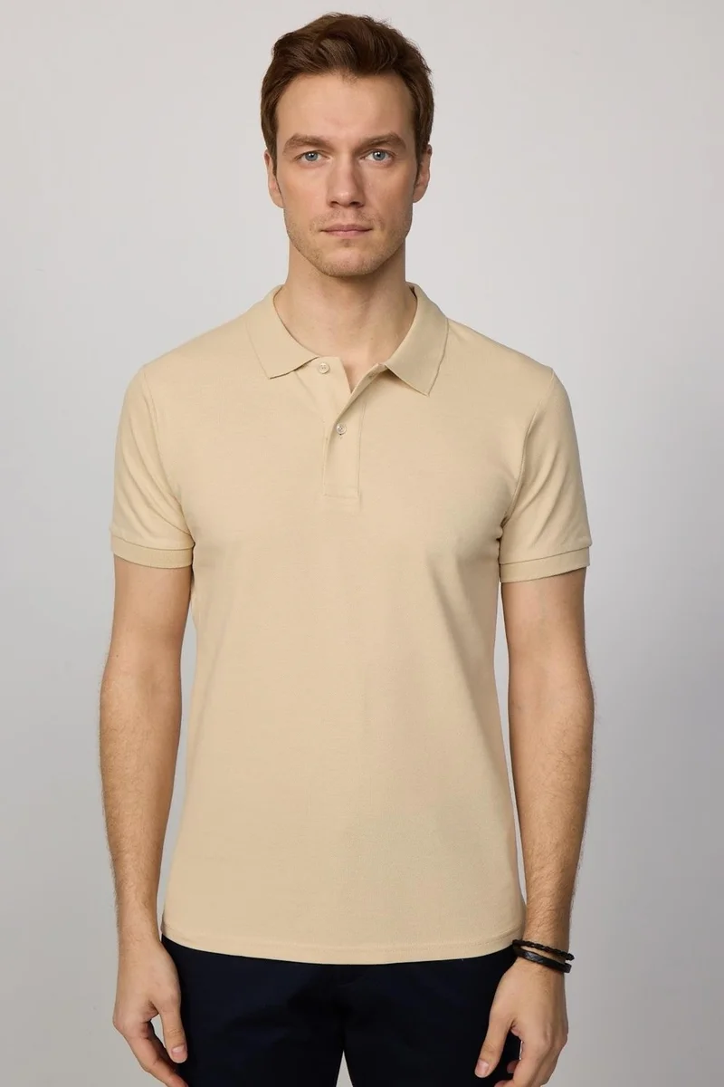 تودورس Men's Slim Fit Narrow Cut Cotton Plain Pique Cream Color Polo Collar T-Shirt