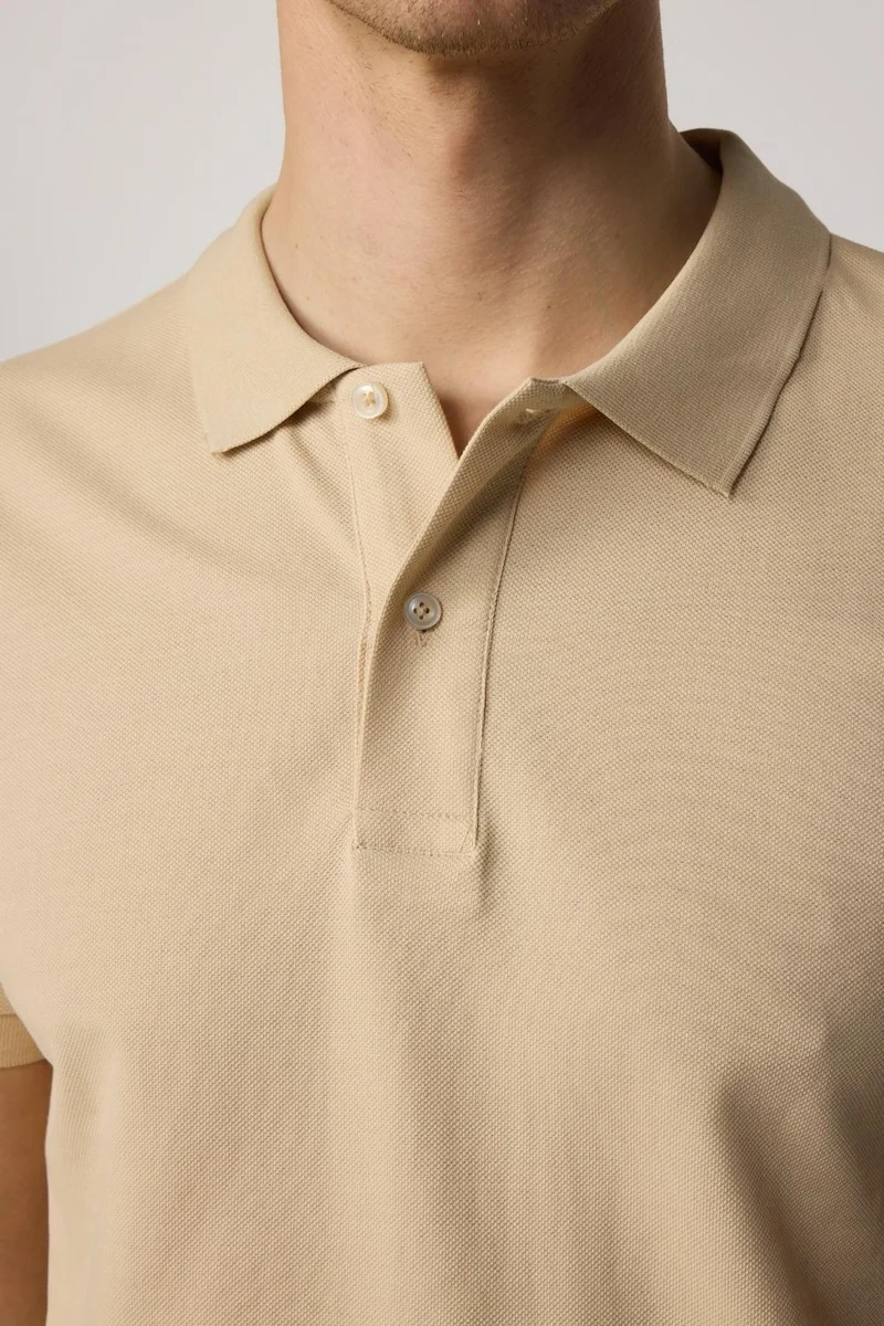 تودورس Men's Slim Fit Narrow Cut Cotton Plain Pique Cream Color Polo Collar T-Shirt