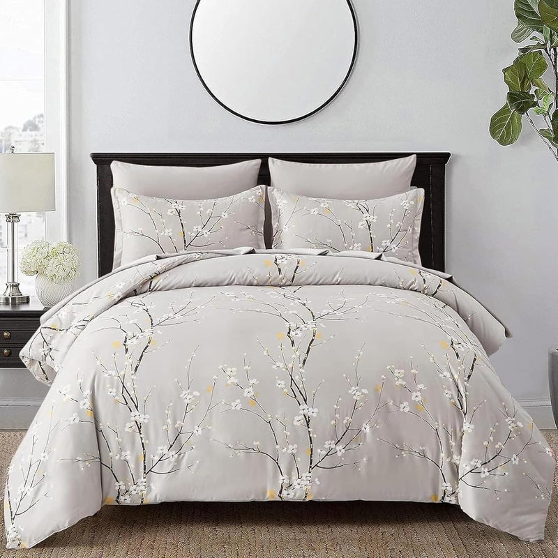 WONGS BEDDING مجموعة أغطية لحاف بنمط زهور رمادي، مكونة من 3 قطع، مطبوع عليها زهور التوت، مع 2 وسادة وإغلاق بسحاب، مقاس كينج (220x230 سم) - Image 1