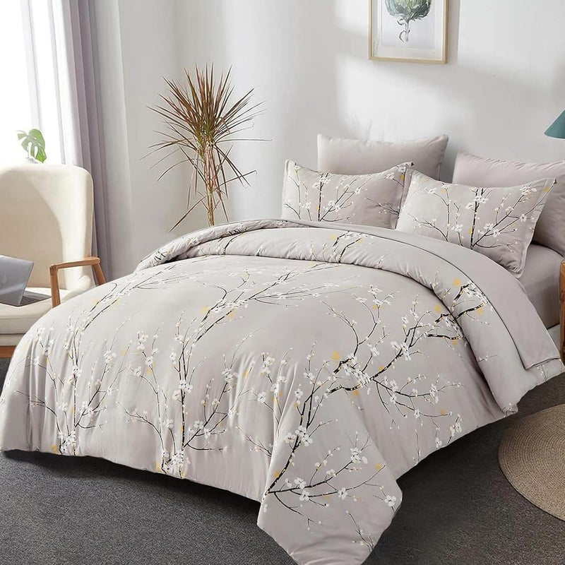 WONGS BEDDING مجموعة أغطية لحاف بنمط زهور رمادي، مكونة من 3 قطع، مطبوع عليها زهور التوت، مع 2 وسادة وإغلاق بسحاب، مقاس كينج (220x230 سم) - Image 2