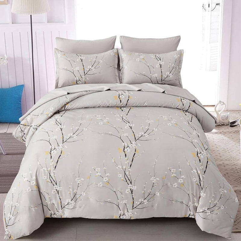 WONGS BEDDING مجموعة أغطية لحاف بنمط زهور رمادي، مكونة من 3 قطع، مطبوع عليها زهور التوت، مع 2 وسادة وإغلاق بسحاب، مقاس كينج (220x230 سم) - Image 3
