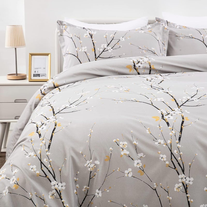 WONGS BEDDING مجموعة أغطية لحاف بنمط زهور رمادي، مكونة من 3 قطع، مطبوع عليها زهور التوت، مع 2 وسادة وإغلاق بسحاب، مقاس كينج (220x230 سم) - Image 4