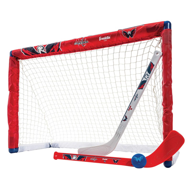 Franklin Sports Washington Capitals Mini Hockey Set Knee Hockey Goal Ball 2 Hockey Stick Combo Set Mini Goal Net NHL Official Hockey Set