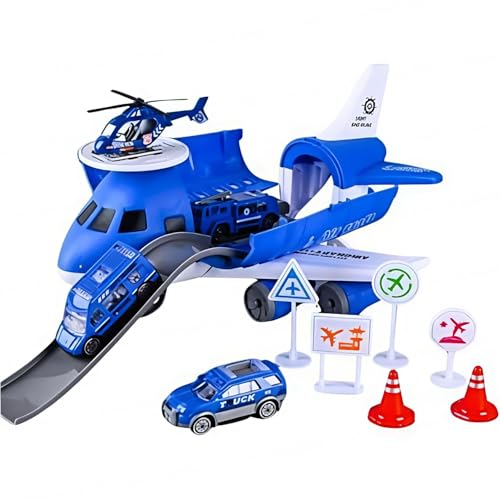 FunBlast Police Airplane Toy Set – Big Aircraft with 4 Police Vehicles, Helicopter, Road Signs & Cones, DIY Firefighter Playset for Kids, Educational Role Play Toy for Boys & Girls (Blue) - Image 1