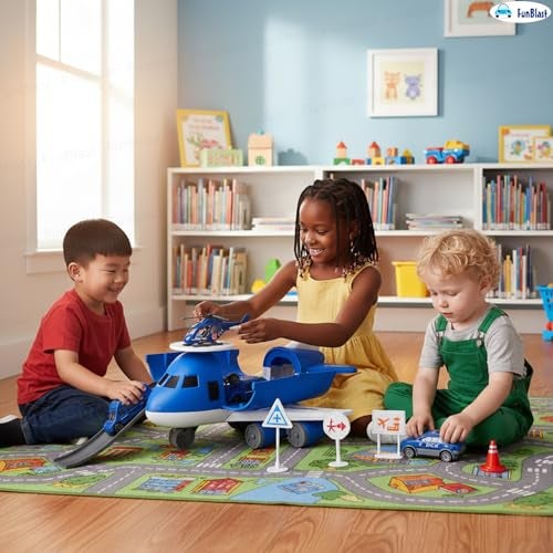FunBlast Police Airplane Toy Set – Big Aircraft with 4 Police Vehicles, Helicopter, Road Signs & Cones, DIY Firefighter Playset for Kids, Educational Role Play Toy for Boys & Girls (Blue) - Image 4