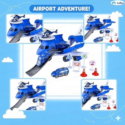 FunBlast Police Airplane Toy Set – Big Aircraft with 4 Police Vehicles, Helicopter, Road Signs & Cones, DIY Firefighter Playset for Kids, Educational Role Play Toy for Boys & Girls (Blue) - Image 5