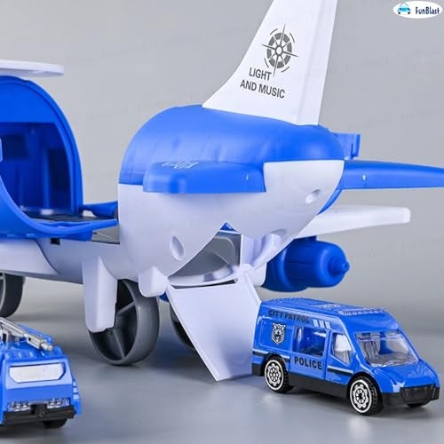 FunBlast Police Airplane Toy Set – Big Aircraft with 4 Police Vehicles, Helicopter, Road Signs & Cones, DIY Firefighter Playset for Kids, Educational Role Play Toy for Boys & Girls (Blue) - Image 3