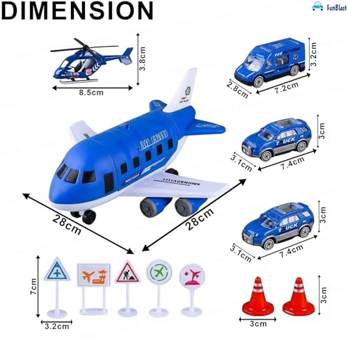 FunBlast Police Airplane Toy Set – Big Aircraft with 4 Police Vehicles, Helicopter, Road Signs & Cones, DIY Firefighter Playset for Kids, Educational Role Play Toy for Boys & Girls (Blue) - Image 2