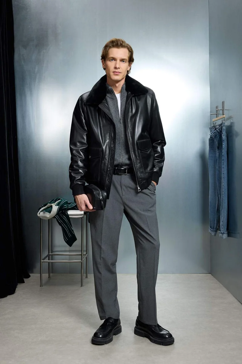 ديفاكتو Premium Modern Fit Lined Leather Faux Leather Jacket