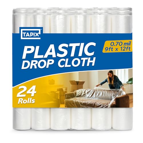 TAPIX 12 x 9 Ft Drop Cloths (24-Pack) – Plastic Sheeting & Painters Plastic Tarps for Painting, Waterproof Floor & Furniture Protection - Image 1