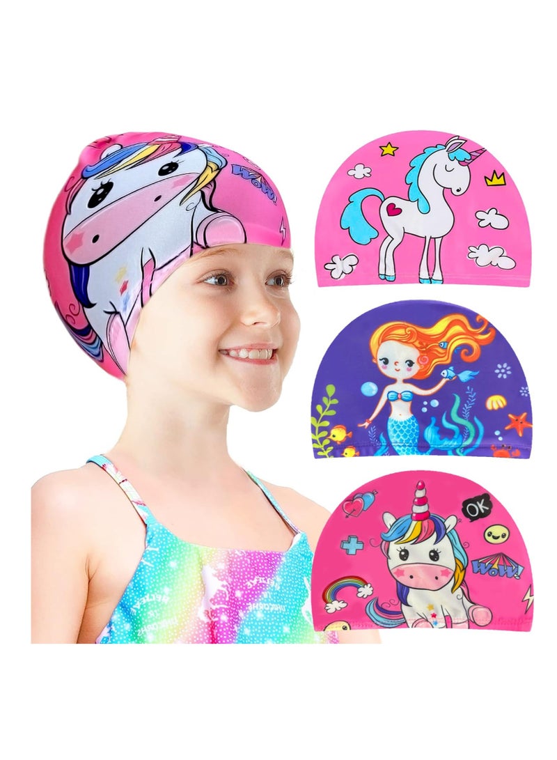 SYOSI 3pcs Unicorns and Mermaids Girls Swimming Cap - Fun and Stylish Polyester Kids Swimming Caps for Long and Short Hair, Ages 4-10 - Image 1