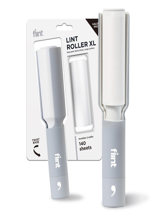 Flint Plus XL Retractable Lint Remover & Pet Hair Roller for Clothes - Refillable & Reusable Lint Roller with 140 Extra Sticky Tear-Off Sheets - Value Pack, Light Grey - Image 1