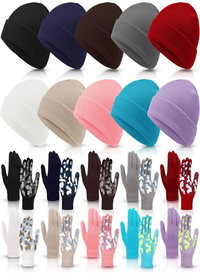 JaGely 20 Pcs Kids Hats Gloves Winter Bulk Knit Beanie Caps Warm Anti-Slip Gloves for Ages 5-10 Boys Girls(10 Dark Colors) - Image 1