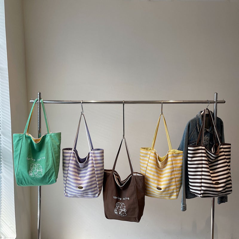 Canvas Bag Women'S Large Capacity Dopamine Summer Casual Striped Shoulder Bag Shopping Bag Class Commuting Tote Bag - Image 5