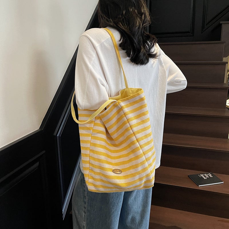 Canvas Bag Women'S Large Capacity Dopamine Summer Casual Striped Shoulder Bag Shopping Bag Class Commuting Tote Bag - Image 4