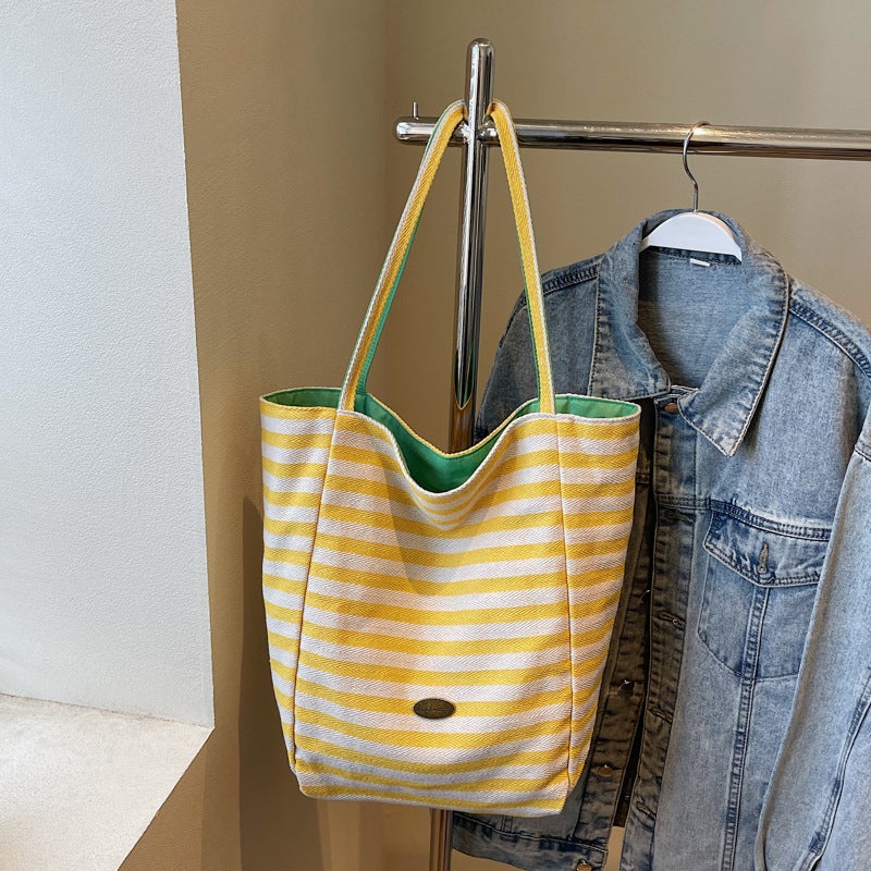 Canvas Bag Women'S Large Capacity Dopamine Summer Casual Striped Shoulder Bag Shopping Bag Class Commuting Tote Bag - Image 1