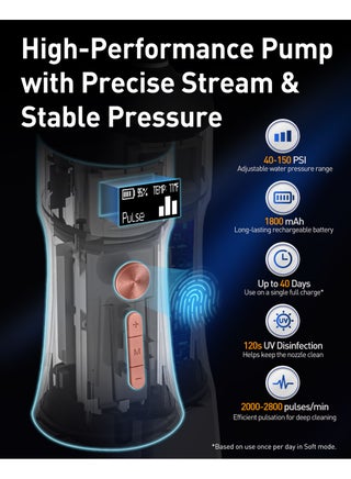 MySmile LP221 UVC Sterilizable Cordless Water Flossers for Teeth 335ML Portable OLED Display Dental Flosser with 4 Modes 8 Jet Tips and a Storage Pouch for Home and Travel (Midnight Black) - view 3