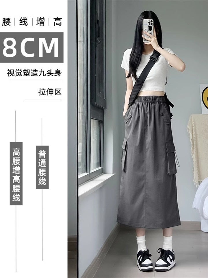 American Retro Workwear Skirt For Women Spring & Fall High-Waisted A-Line Slim And Versatile Mid-Length Gray Skirt - Image 2