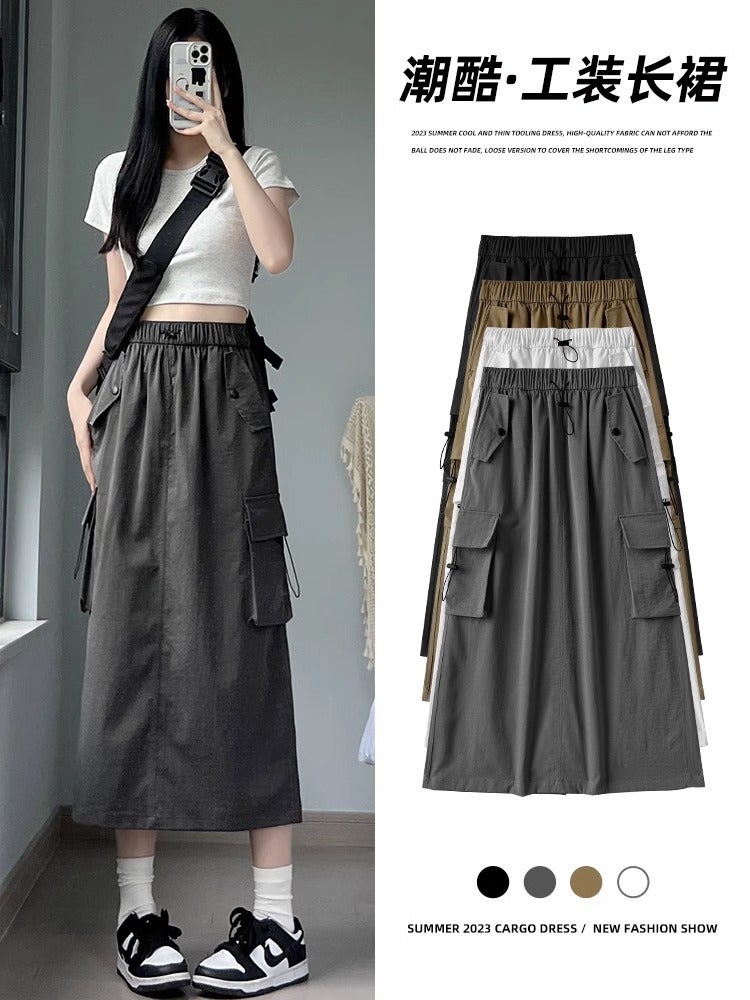 American Retro Workwear Skirt For Women Spring & Fall High-Waisted A-Line Slim And Versatile Mid-Length Gray Skirt - Image 3