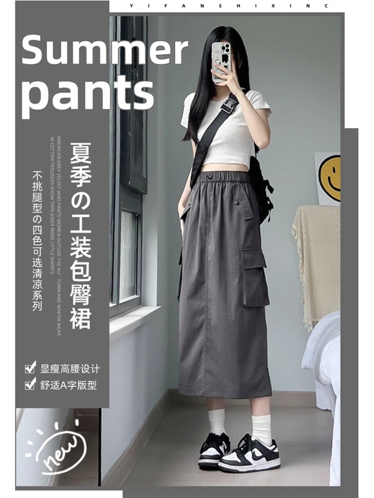 American Retro Workwear Skirt For Women Spring & Fall High-Waisted A-Line Slim And Versatile Mid-Length Gray Skirt - Image 4