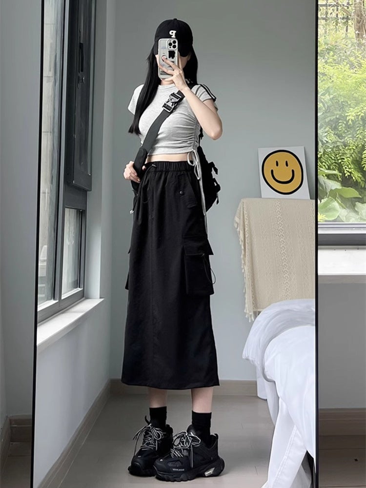 American Retro Workwear Skirt For Women Spring & Fall High-Waisted A-Line Slim And Versatile Mid-Length Gray Skirt - Image 5