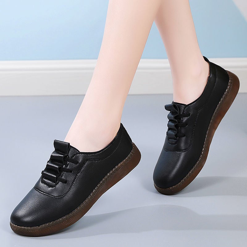 Soft Leather Ladies Flat Casual Loafers Black 