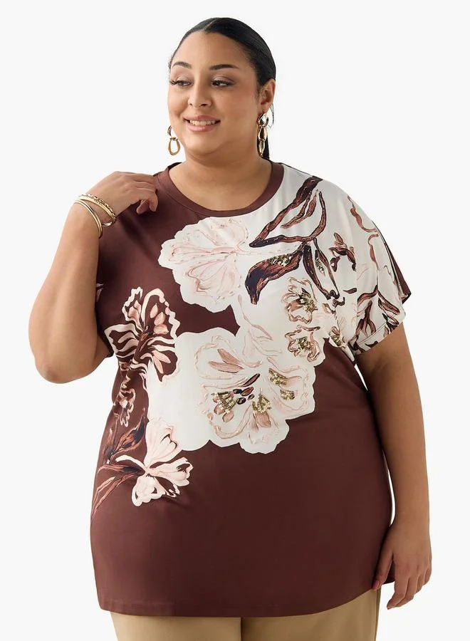 Ulla Popken Ulla Popken Relaxed Fit T shirt with Bead Embellished Detail