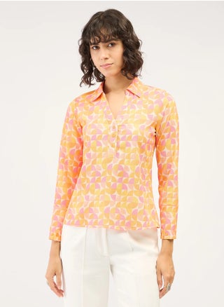 Women's Geometric Patterned Top | Collared V-Neckline with Half Placket & Full-Length Cuffed Sleeves | Elegant and Versatile for Effortless Style - pzsku/ZE08814DFA8A00C8281DFZ/45/_/1732169975/11fac55b-4dc1-40c1-8b24-7582eaeae26f