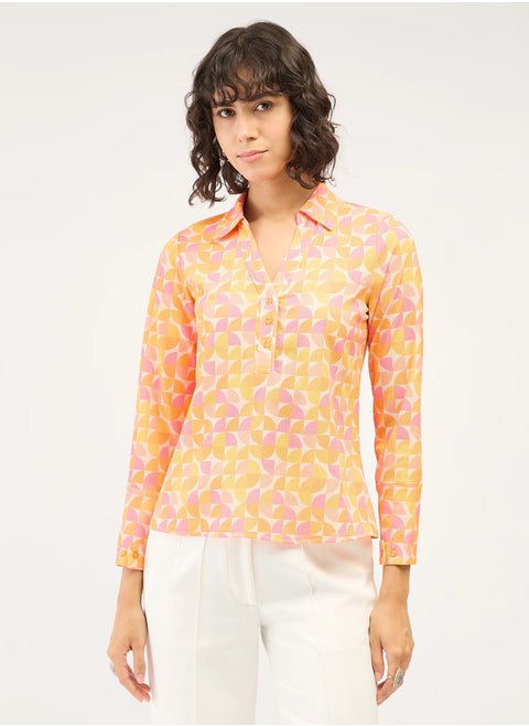 Women's Geometric Patterned Top | Collared V-Neckline with Half Placket & Full-Length Cuffed Sleeves | Elegant and Versatile for Effortless Style