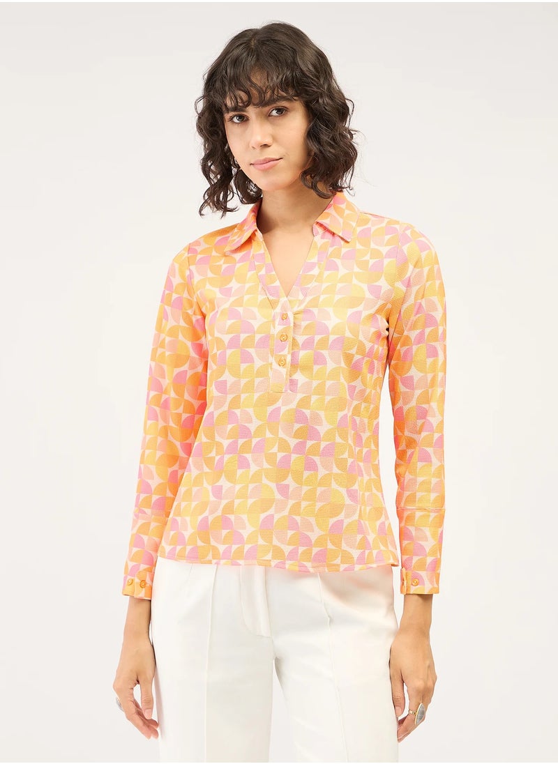Salt Attire Women's Geometric Patterned Top | Collared V-Neckline with Half Placket & Full-Length Cuffed Sleeves | Elegant and Versatile for Effortless Style  - Image 1